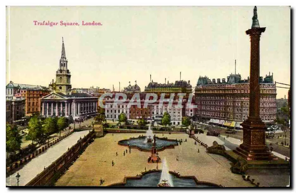 Trafalgar Square, London. — Panoramablick mit Säule und Fontäne — Verleger nicht sichtbar - Vorderseite