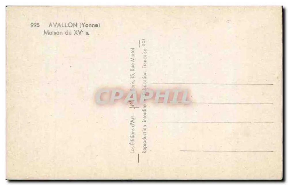 Avallon (Yonne) — Casa do século XV — Les Éditions d'Art, 15 Rue de Paris, Paris - Verso