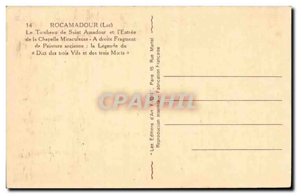 Rocamadour (Lot) — Grabmal des hl. Amadour und Eingang zur Wunderkapelle — Éditions d'Art Y. V. O. I. Paris - Rückseite