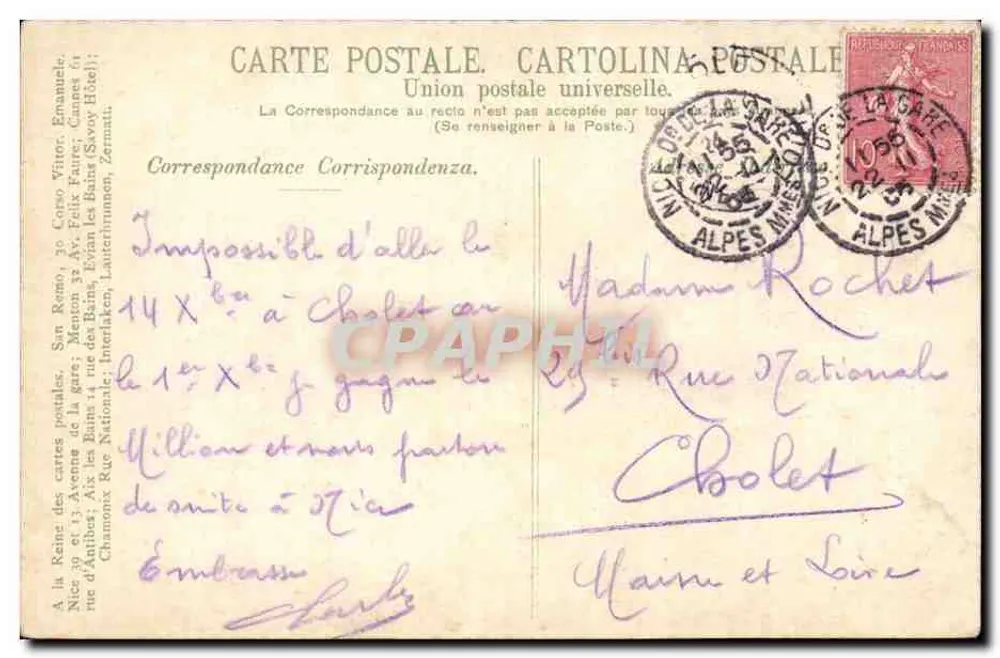 Nice — O Quai do meio-dia. — Edição União Postal Universal - Verso
