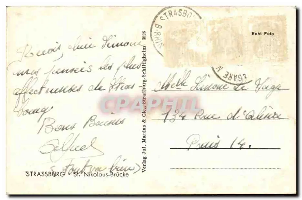 Estrasburgo - Pontes e Igreja de Nossa Senhora — Verlag Jul. Manlas & Cie, Estrasburgo-Schiltigheim - Verso