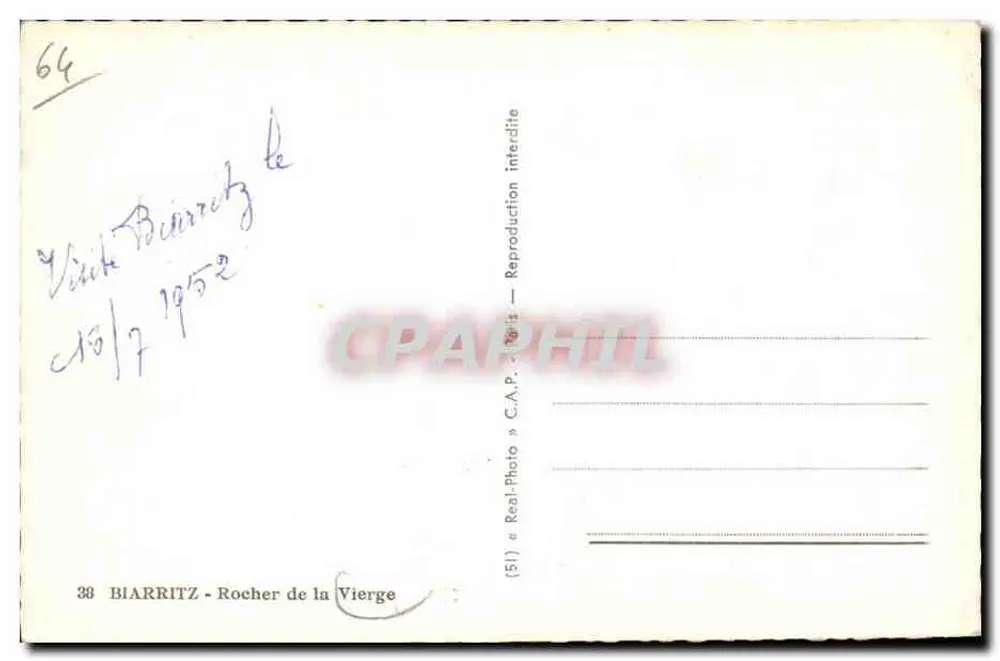 Biarritz - Rocha da Virgem — editor C.A.P. n°38 - Verso