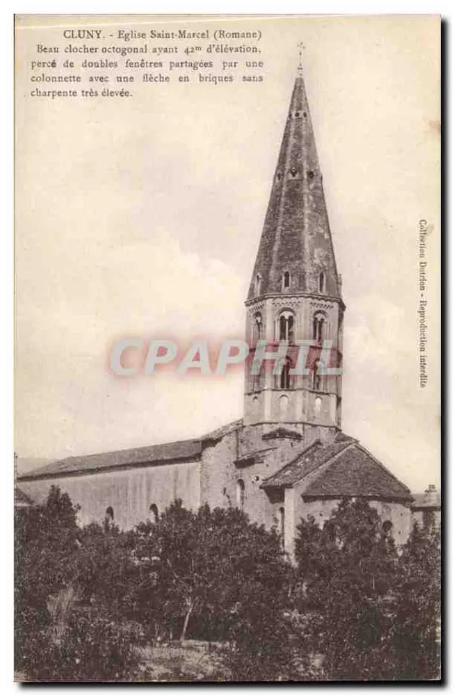 Cluny - Igreja de São Marcelo (Romana) — campanário octogonal com ponta de tijolos, 42m de altura — Collection Burton, Topoproduction Insee - Frente