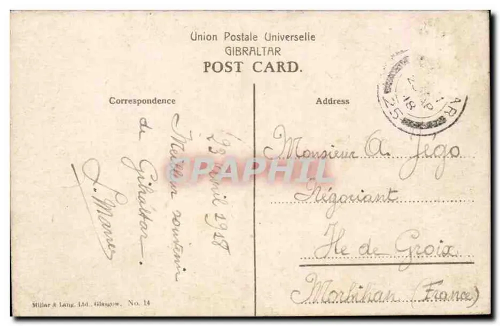 Gibraltar, Cottage do Governador — vista da montanha com caminho e casa — editor Millar & Lang Ltd, Glasgow, n°14 - Verso