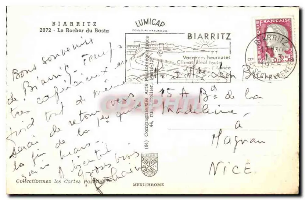 O Rocher do Basta — Biarritz — editor Mexichrome, n° 2972 - Verso