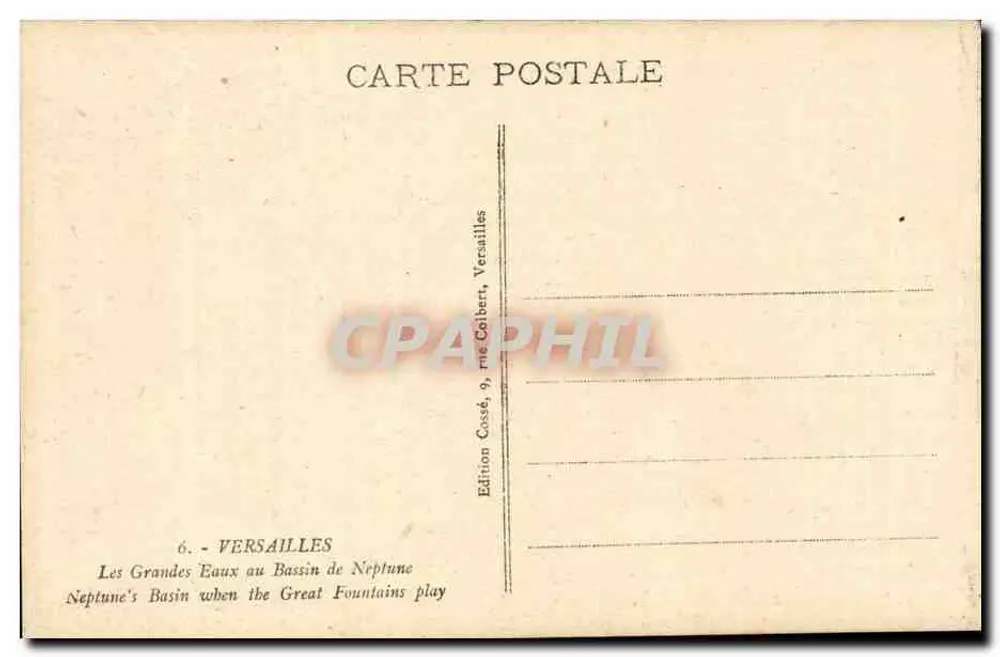 Die Großen Fontänen am Bassin des Neptun — Versailles — Édition Cossé, 9, rue Colbert, Versailles - Rückseite