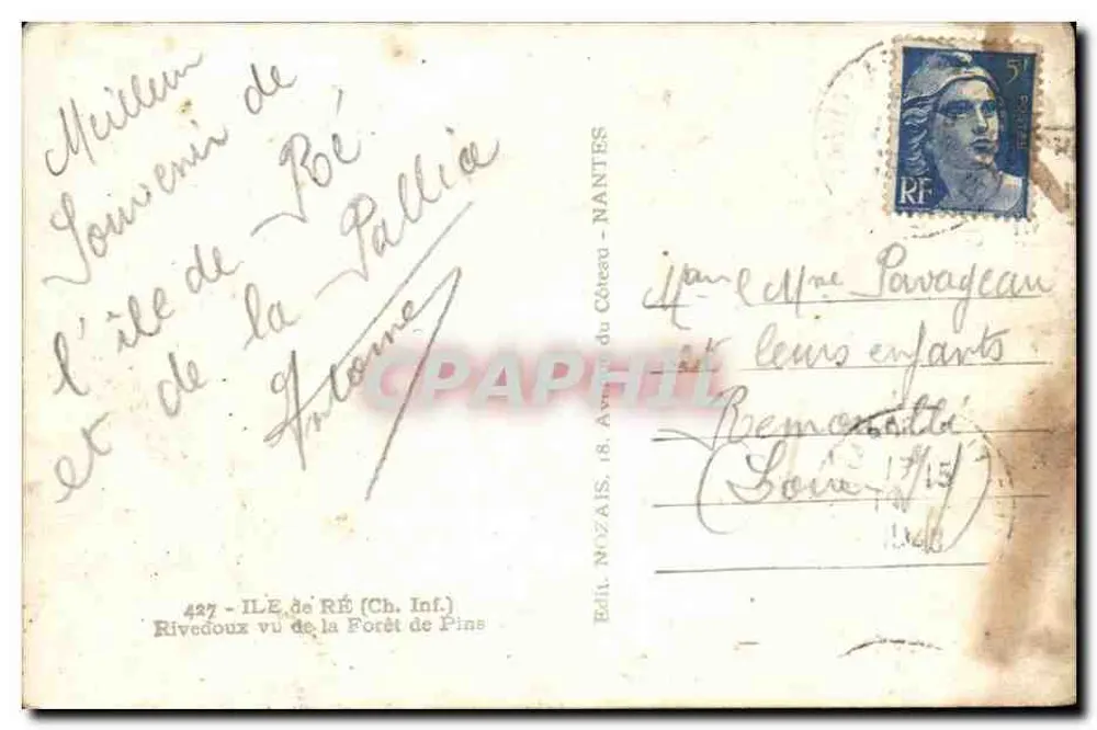 Rivedoux visto da Floresta de Pinheiros — Ilha de Ré (Ch. Inf.) — Ed. Nozaïs, 18, Avenida do Céceau - Nantes - Verso