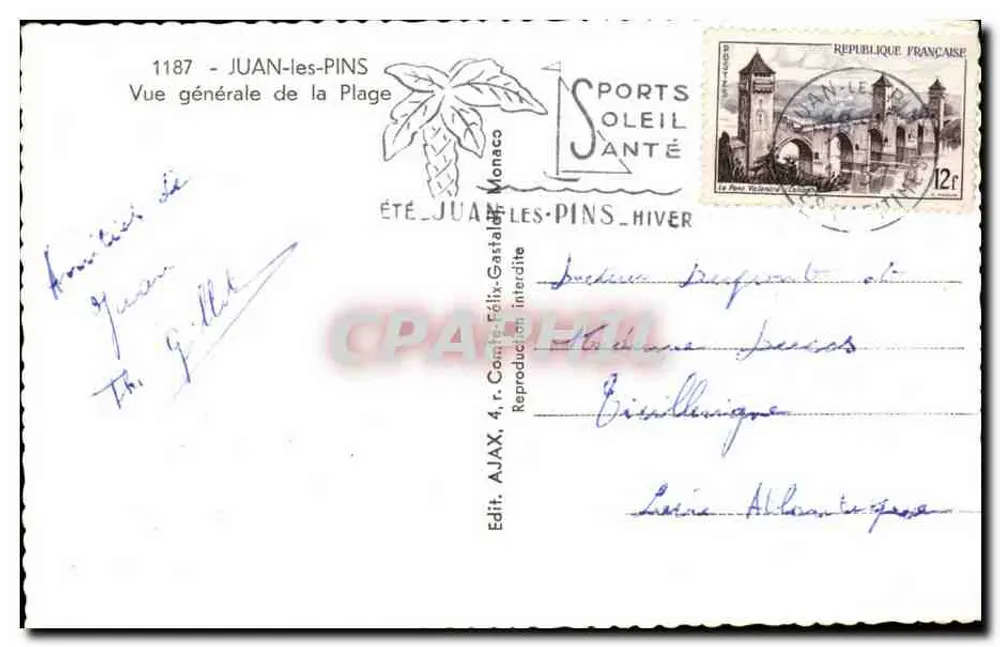 Juan-les-Pins — Vista geral da Praia — Ed. AJAX, n° 1187 - Verso