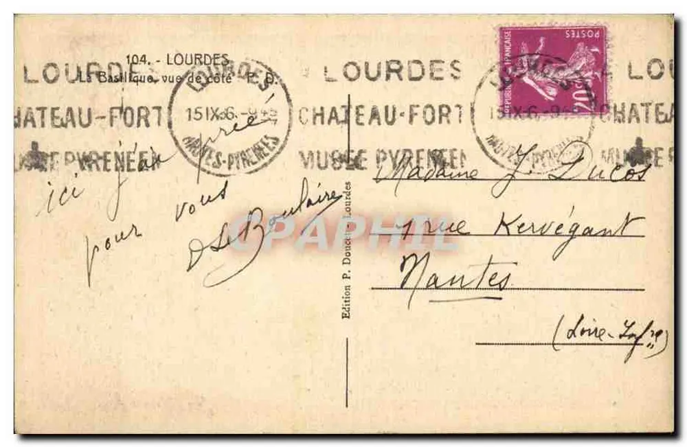 Lourdes — A Basílica vista de lado — Edição P. Donche Lourdes - Verso