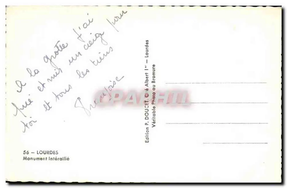 Lourdes — Monumento Interaliado — Edição P. DOUCET, Lourdes - Verso