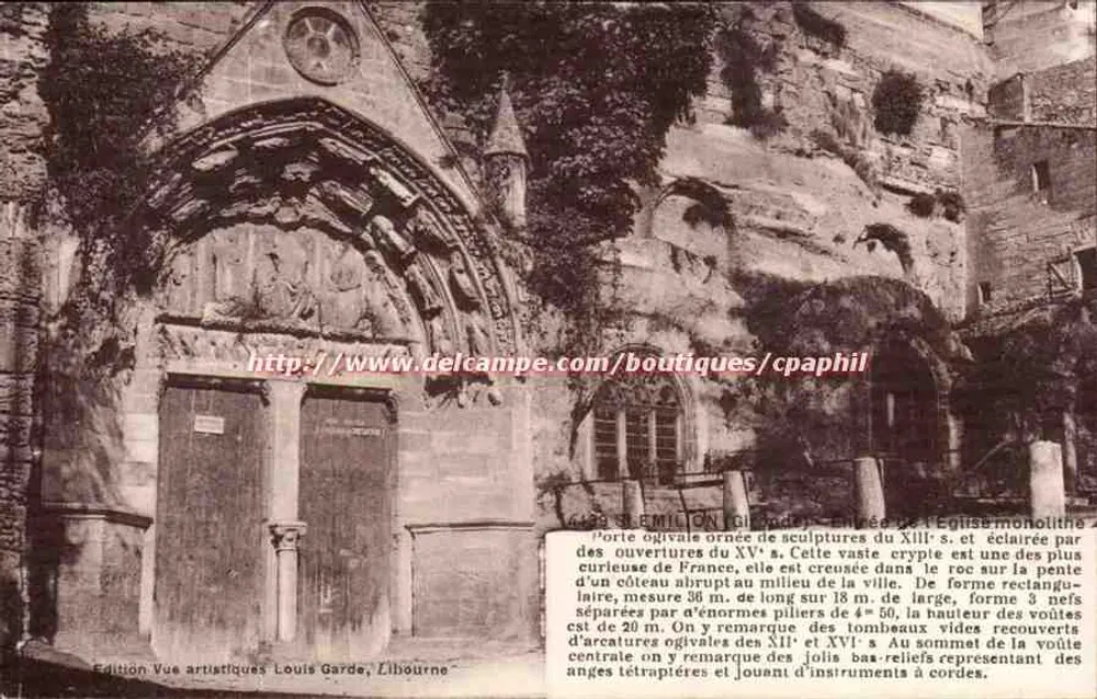 Porta ogival da igreja monolítica de Émilhon — Edição Vue artistiques Louis Garde, n° 6493 - Frente