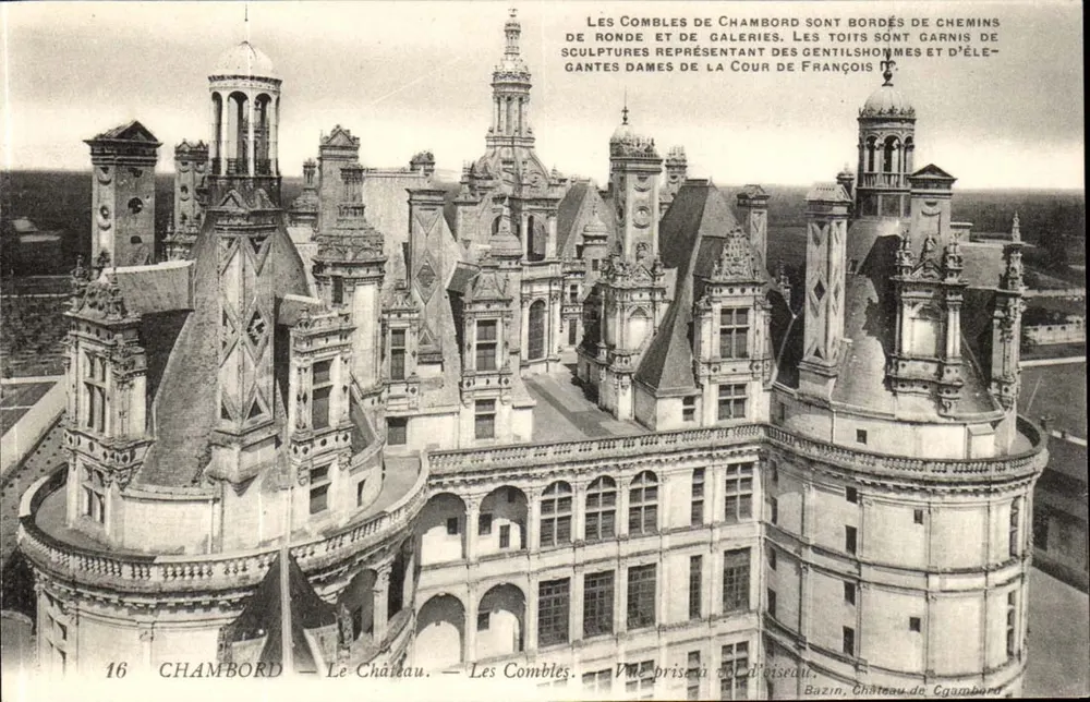 Chambord — Das Schloss — Die Dächer. Vogelperspektive. — Bazin, Château de Chambord - Vorderseite