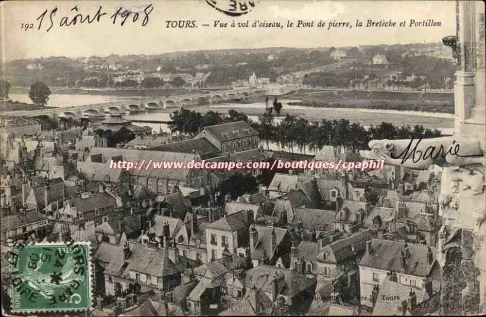 Tours — Vue à vol d'oiseau, le Pont de pierre, la Bretèche et Portillon — Delcampe - Recto
