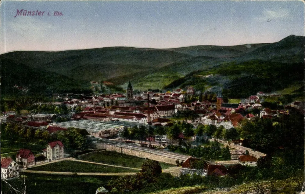 Münster l. Els. — vista panorâmica do vilarejo com edifício religioso — editor não identificado - Frente