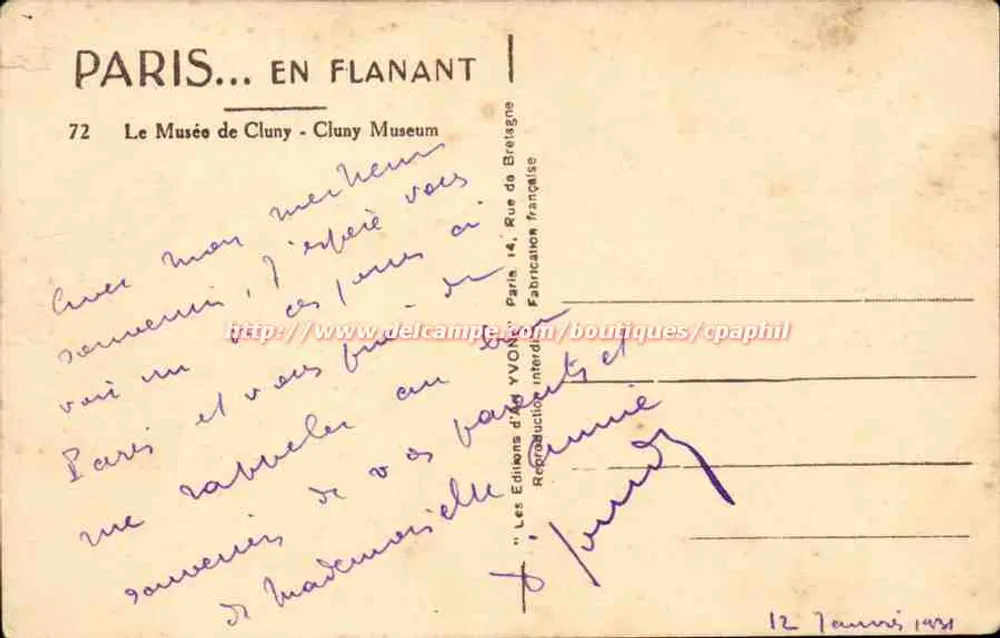 O Museu de Cluny — Paris — Edições Yvon, n°72 - Verso
