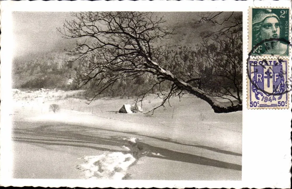 Paisagem invernal — floresta e cabana — Ed. de Arte BelFrance, Paris-Caen, Int. - Frente