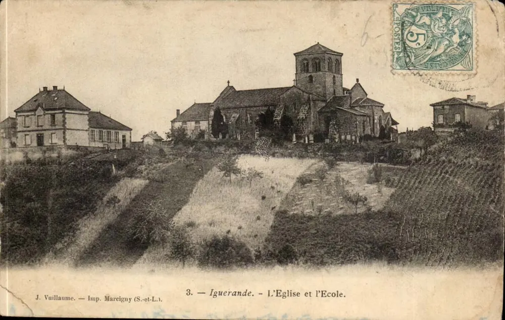 Iguerande — A Igreja e a Escola — J. Vuillaume — Imp. Mareigny (S.-et-L.) - Frente