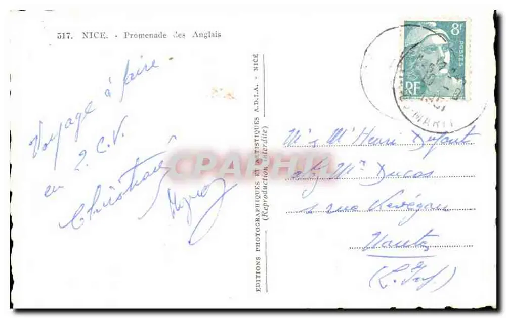 Nice - Promenade dos Ingleses — Éditions Photographiques et Artistiques A.D.L.A. — n° 517 - Verso