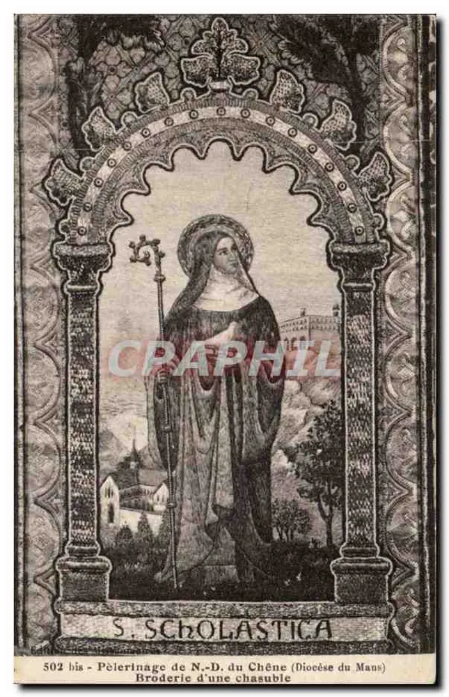 Sainte Scholastique — Pilgerung der hl. Maria vom Eiche (Diözese Le Mans) — Stickerei einer Chasuble - Vorderseite