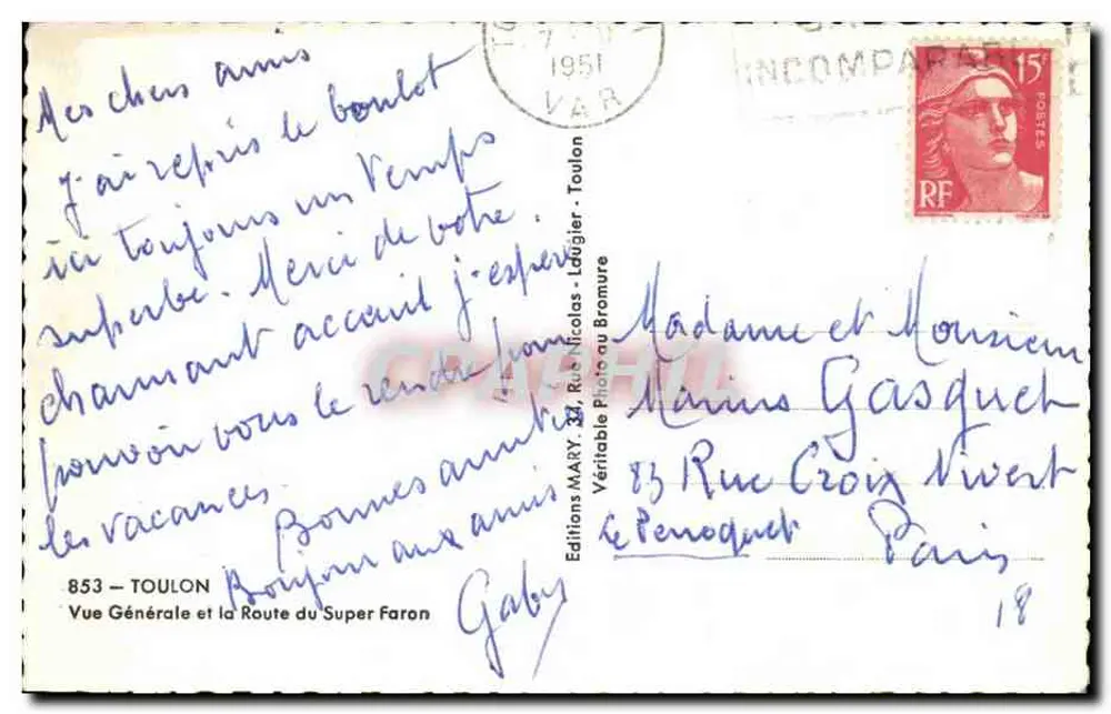 Toulon — Allgemeiner Blick und die Route du Super Faron — Éditions MARY, Nr. 853 - Rückseite