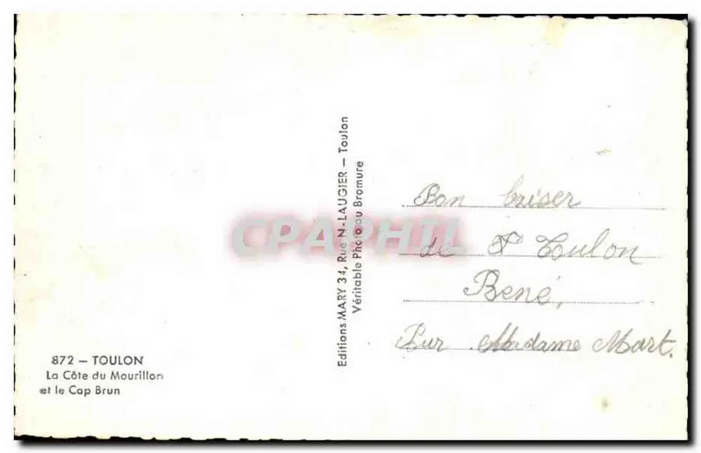 La Côte du Mourillon et le Cap Brun — Toulon — Éditions MARY-LAUGIER - Verso