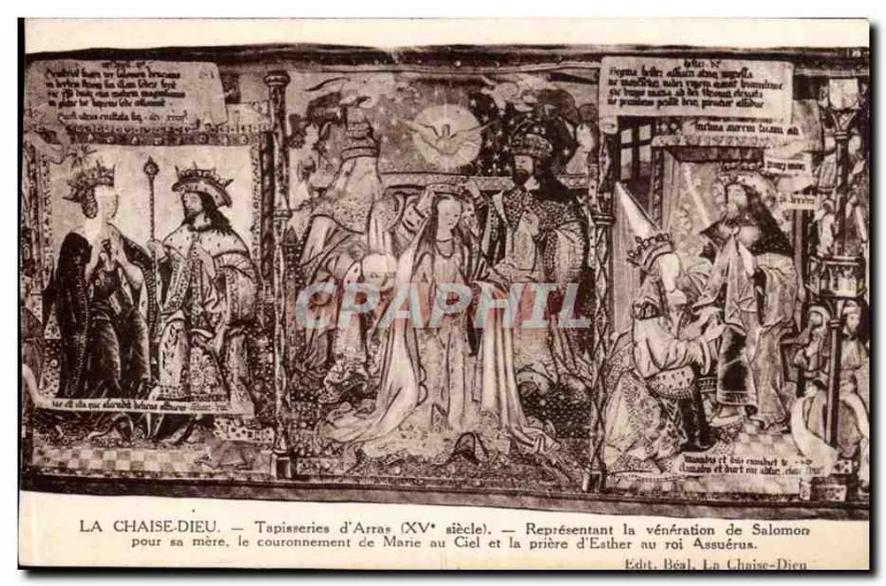La Chaise-Dieu — Arras-Teppiche (15. Jahrhundert) — Darstellungen der Verehrung Salomos für seine Mutter, der Krönung Marias im Himmel und des Gebets Esthers an König Ahasverus - Vorderseite