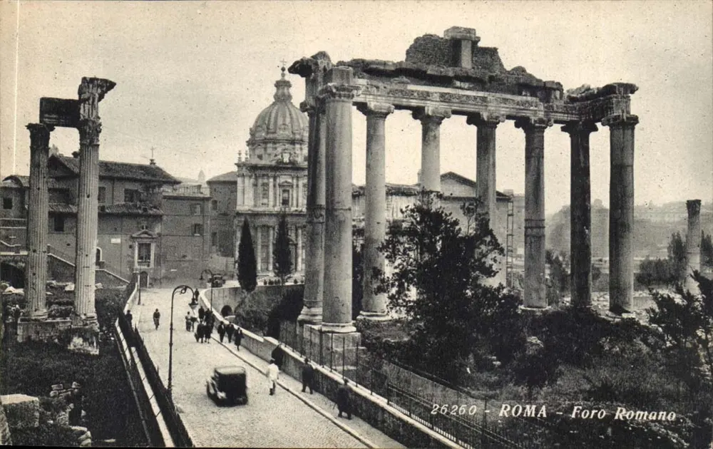Rom - Forum Romanum — Ansicht der Ruinen mit Säulen und Kirche im Hintergrund — unbekannter Verleger, Seriennummer 26260 - Vorderseite