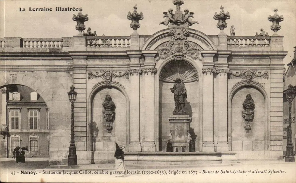 नैन्सी - जैक्स कैलोट की प्रसिद्ध लोरेन छापकर्ता (1592-1635) की मूर्ति, 1877 में बनाई गई - सेंट-अर्बेन और इज़राइल सिलेस्ट्र के बस्त्र - ला लोरेन इल्लस्ट्री, संख्या 43 - आगे