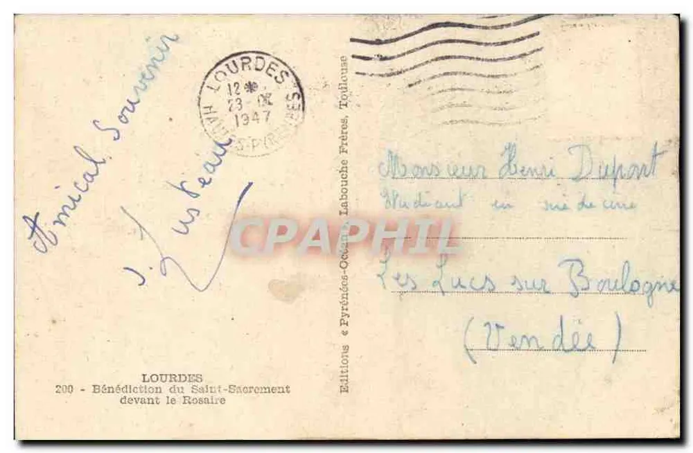 Lourdes — Bênção do Santo Sacramento diante do Rosário — Editor: Editions Labouche Frères, n°200 - Verso