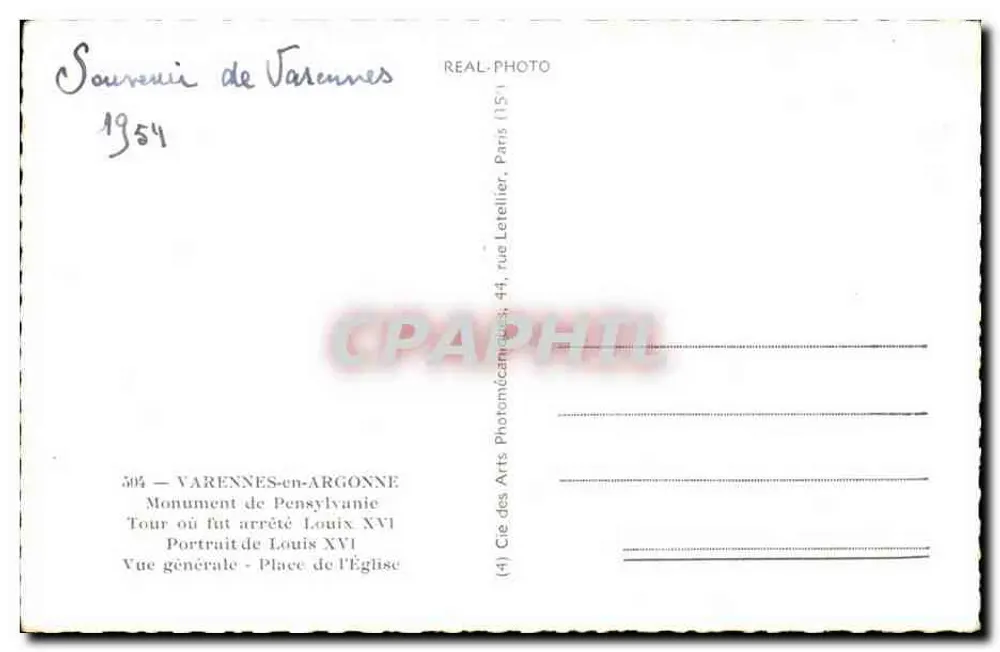 Varennes-en-Argonne — Lembrete de Luís XVI — Editor REAL-PHOTO, n°504 - Verso