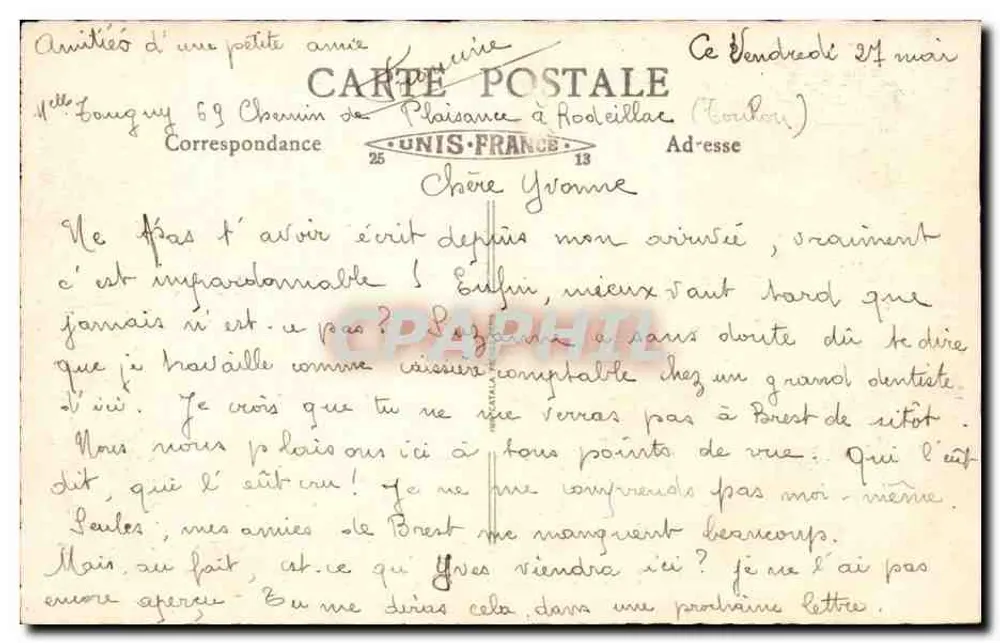 Toulon — A Prefeitura Marítima — Edição Sigurd, 7 Avenida Vaulaine - Verso