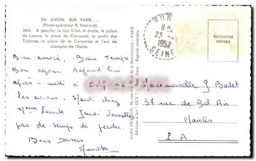 Vista aérea de Paris — Torre Eiffel, Tuileries, Concorde — Edições d'Art Guy, n°3505 - Verso