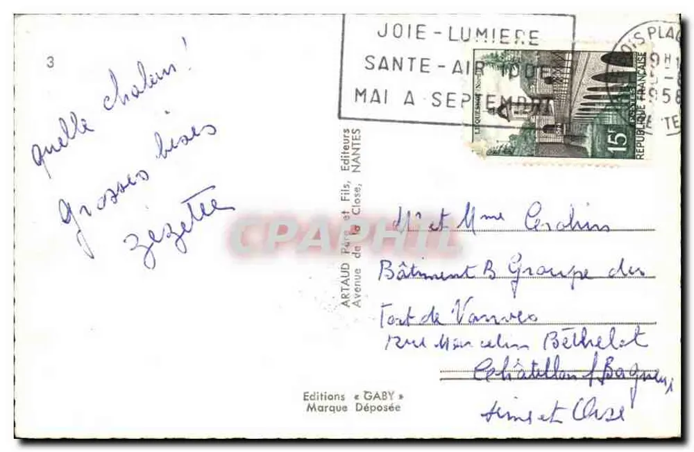 Ilha de Ré — Vista panorâmica com farol, marais salants, mulher com traje típico e jumento — Edições ARTAUD e GABY - Verso