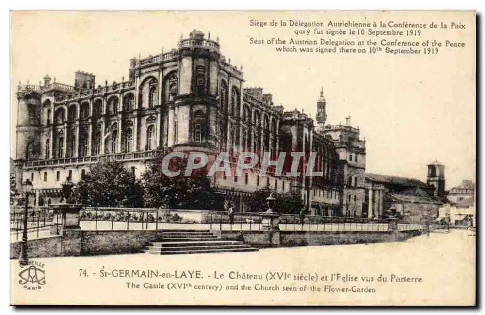 St-GERMAIN-en-LAYE - Das Schloss (16. Jahrhundert) und die Kirche vom Parterre aus gesehen — Imp. phot. "M. Bétille" Paris - Vorderseite