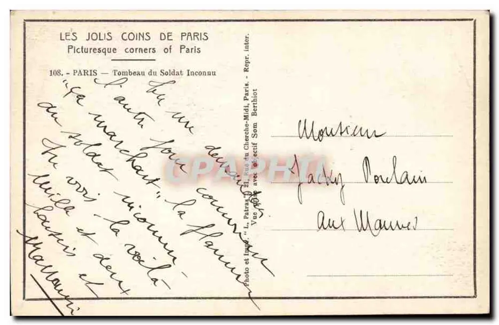 Túmulo do Soldado Desconhecido — Paris — L. Patras, n°108 - Verso