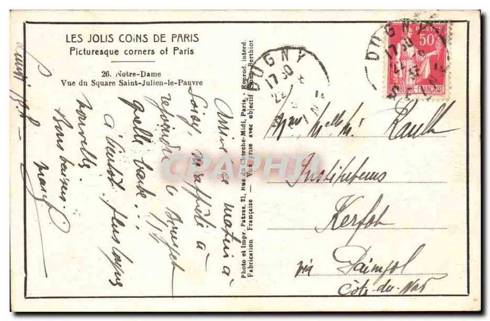 Notre-Dame de Paris — Ansicht vom Square Saint-Julien-le-Pauvre — Verlag Patras, Nr. 26 - Rückseite