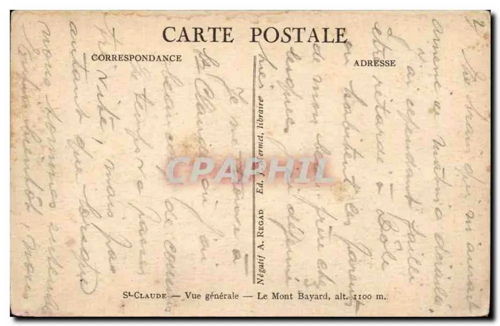 St-Claude — Vista geral — O Mont Bayard, alt. 1100 m. — Négatif A. Regad - Verso