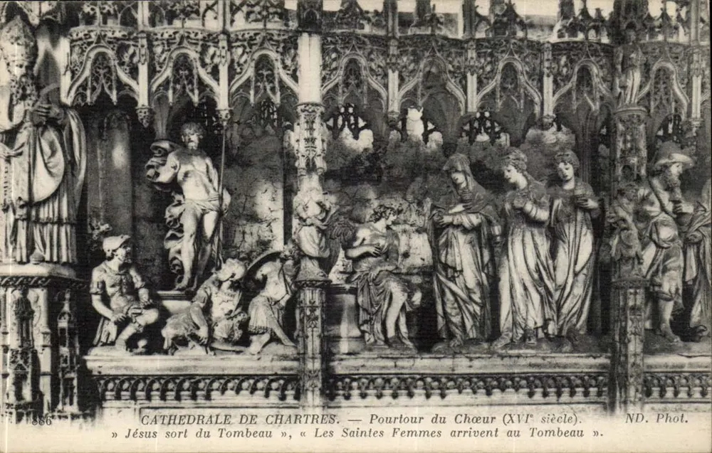 Kathedrale von Chartres — Umgebung des Chors (16. Jahrhundert). « Jesus tritt aus dem Grab », « Die heiligen Frauen kommen zum Grab » — ND. Foto. - Vorderseite