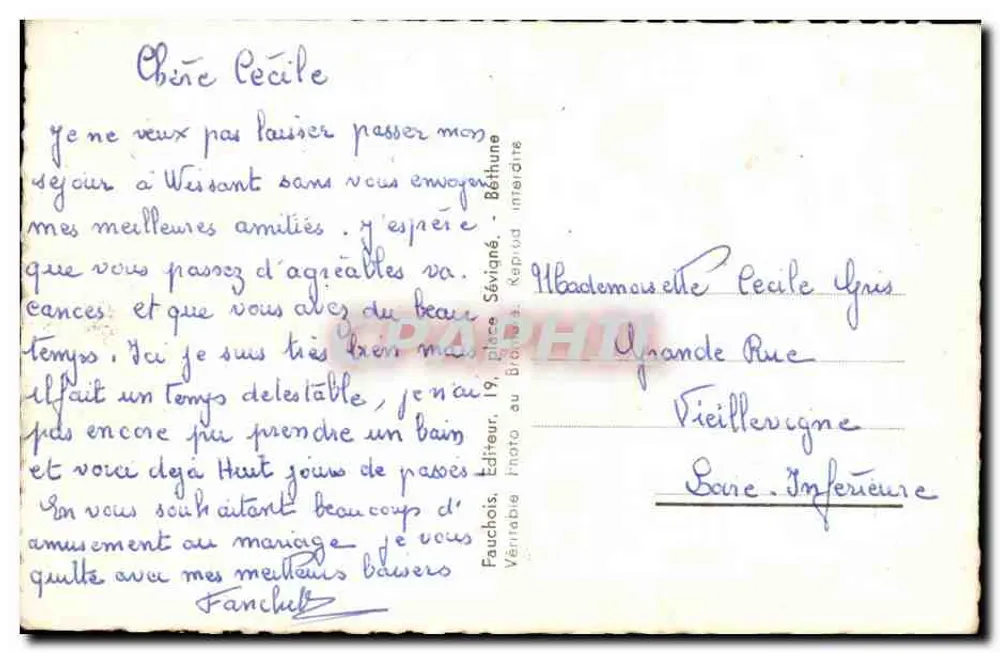 Gris-Nez - Falaises (lado sul) — editor Fauchois, Sévigné - Verso