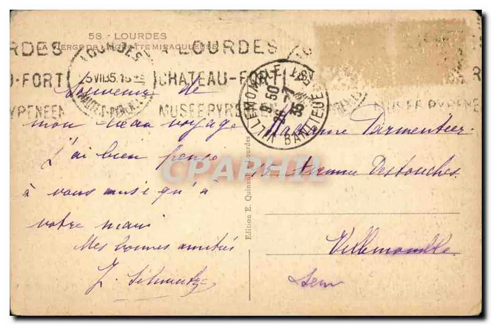 Estátua da Virgem Imaculada Conceição — Lourdes — Edição E. Quinault, n°58 - Verso