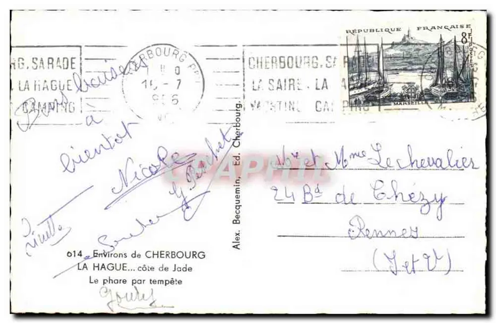 Leuchtturm bei Sturm — Um Cherbourg — Alex. Becquemin, Ed. Cherbourg - Rückseite