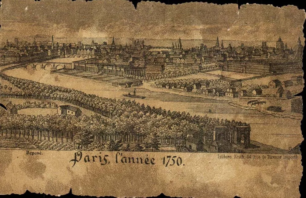 Paris, o ano de 1750 — vista panorâmica — Isidoro Kitsch, 34 rue de Turenne, impressor - Frente