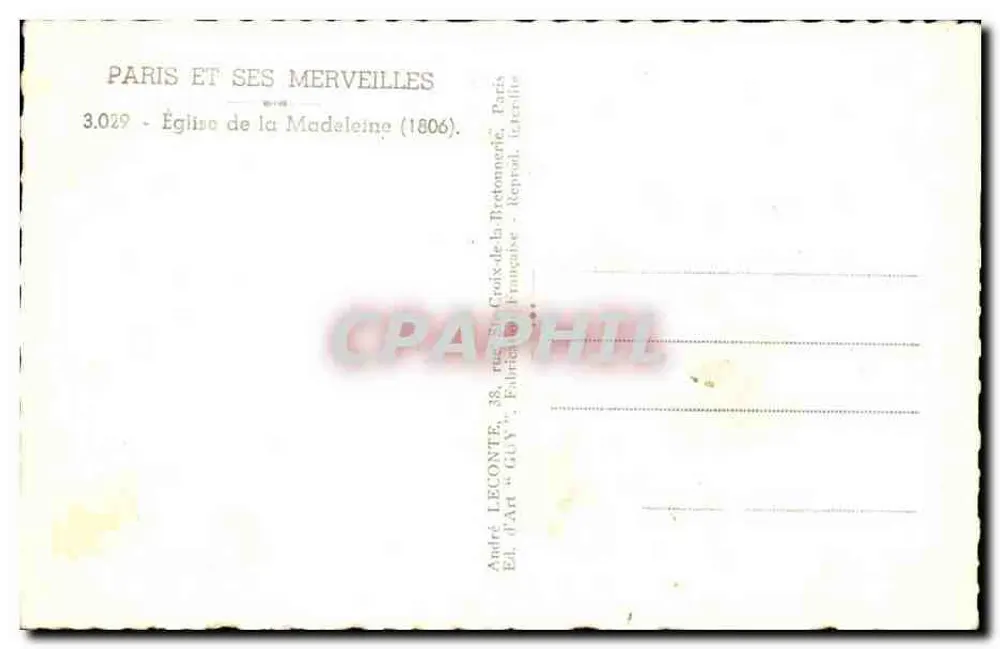 Igreja da Madeleine — Paris — Editor André LECONTE, n° 3.029 - Verso
