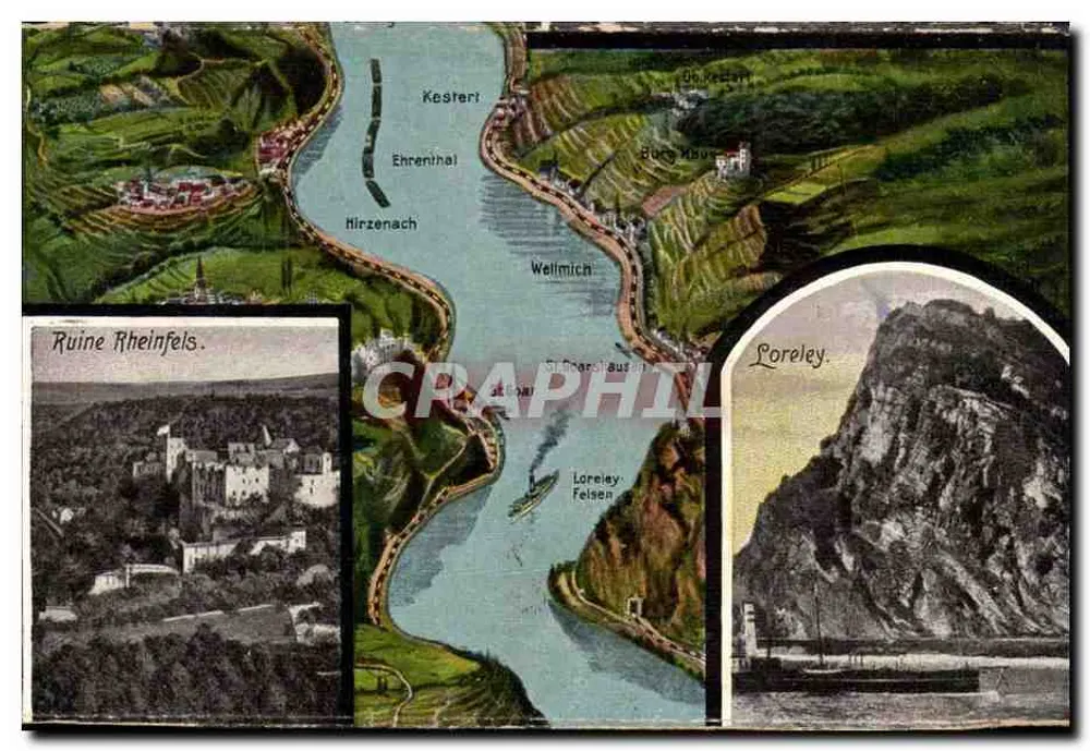 Vista del Reno e del Loreley — Ruine di Rheinfels e Loreley Felsen — editore non identificato - Recto