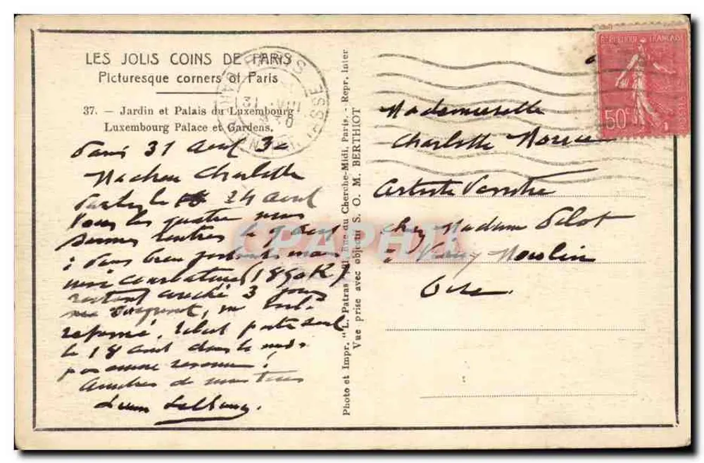 Jardim do Luxemburgo — Palácio do Luxemburgo — Editor S.O. M. Berthiot, n°37 - Verso