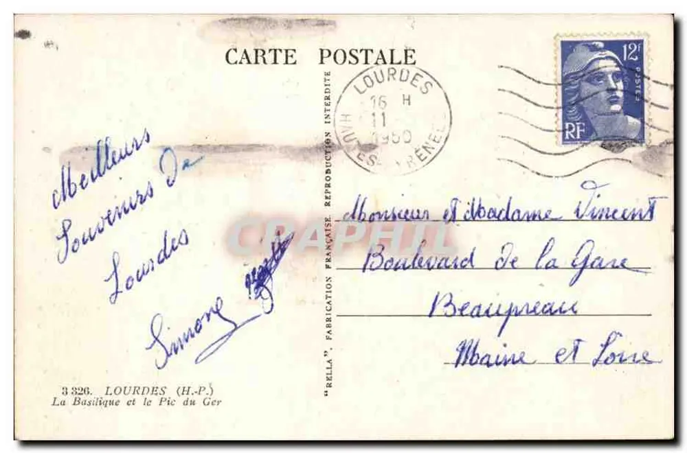 Lourdes — A Basílica e o Pic du Ger — Rella, n°326 - Verso