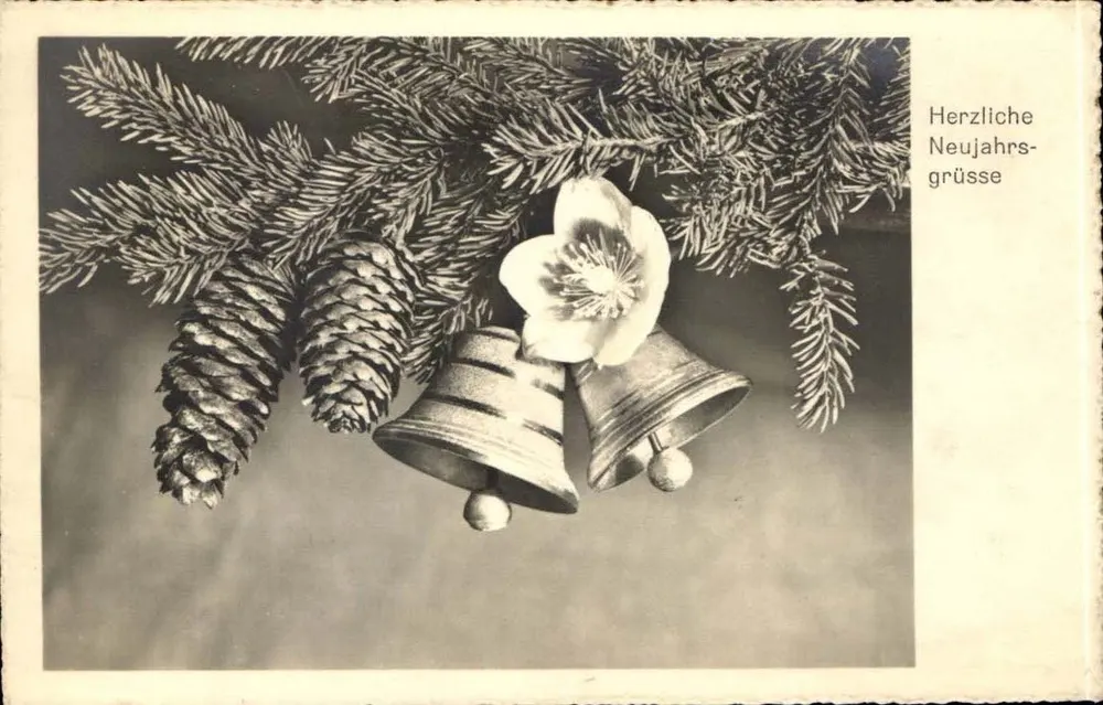 Tannenzweige mit Glocken und Blume — Neujahrsgrüsse — Verlag Max Künzli, C. Künzli-Tobler's Nachf., Zürich - Vorderseite