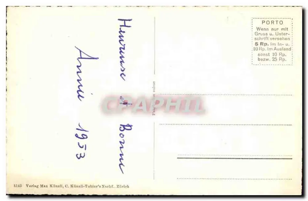 Tannenzweige mit Glocken und Blume — Neujahrsgrüsse — Verlag Max Künzli, C. Künzli-Tobler's Nachf., Zürich - Rückseite