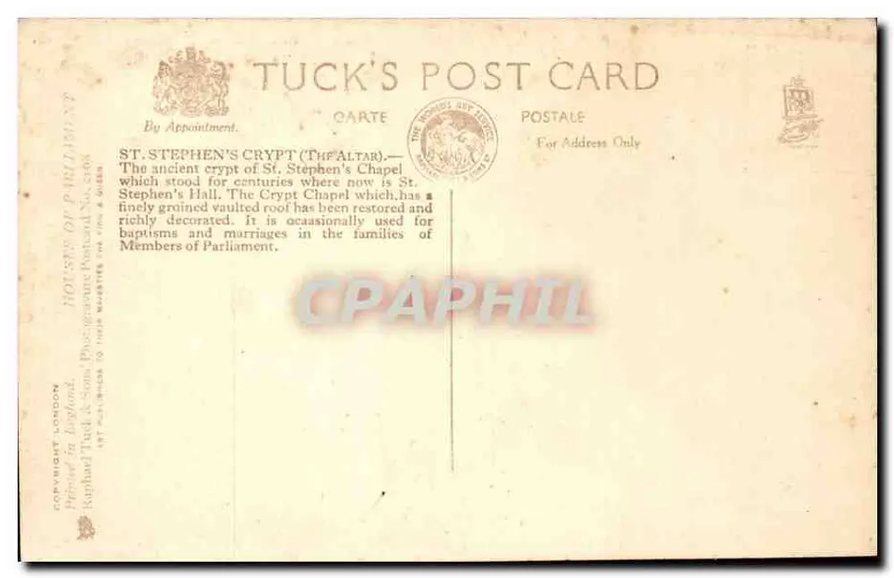 St. Stephans-Krypta — (Der Altar) — Tuck's Postkarte - Rückseite
