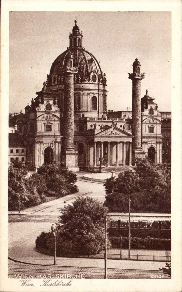 Wenen, Karlskirche — uitzicht op de barokke kerk met zijn zuilen en koepel — uitgever Wenen, n° 23107 - Voorkant